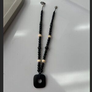 Vintage Boho Black & White Beaded Pendant Statement Necklace